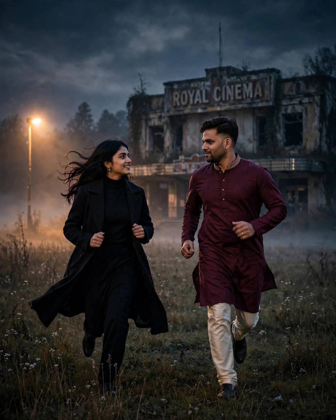 A couple running toward each other across a field in front of an abandoned cinema at night, him in a maroon kurta and her in a long black coat