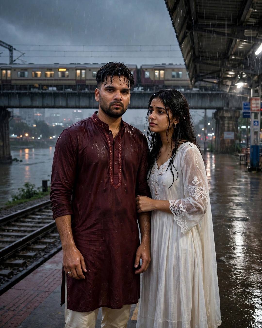 A couple walking along a rainy railway platform by a river at night, him in a maroon kurta and her in a flowing white dress
