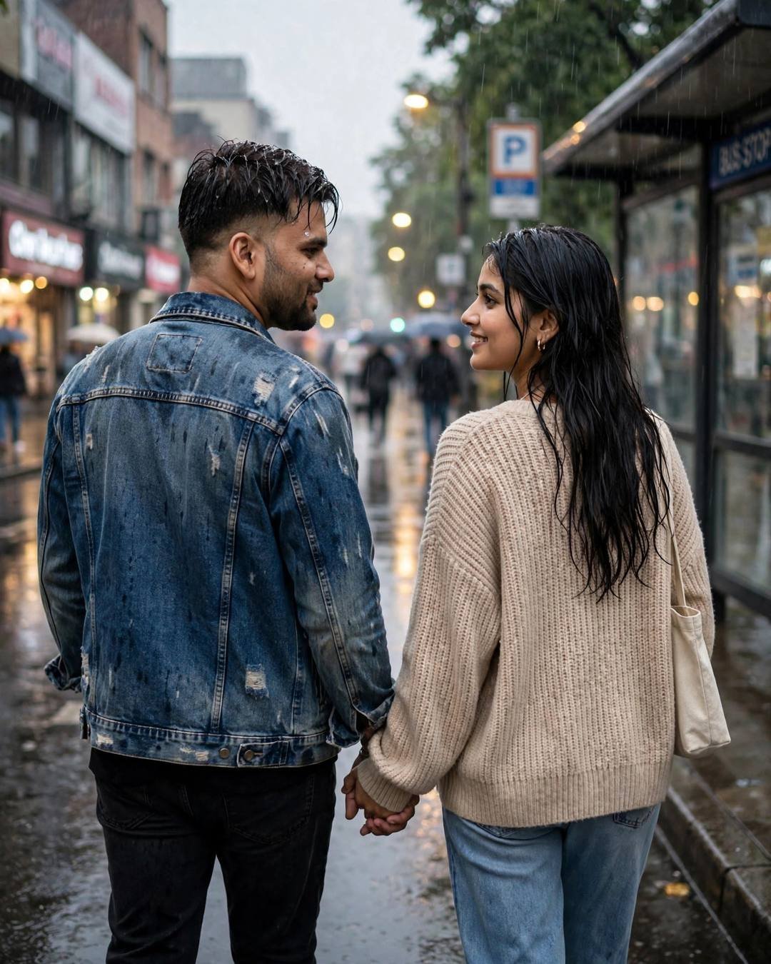 A couple walking hand in hand away from the camera at a rainy bus stop, him in a denim jacket and her in a beige sweater
