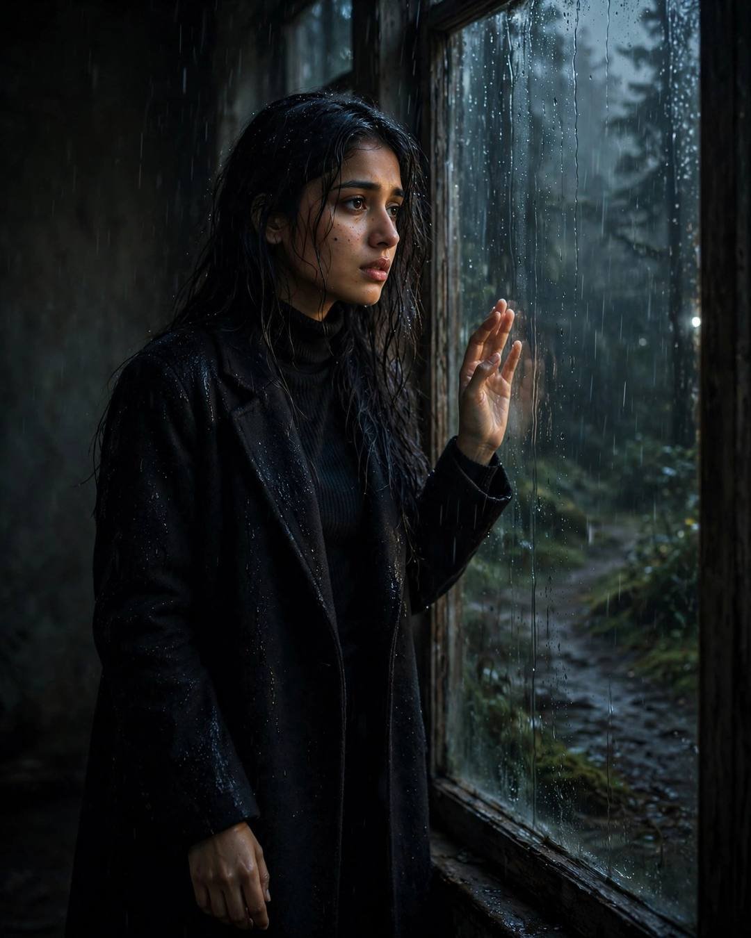 A young Indian woman in a black turtleneck and long coat standing at a rain-streaked window at midnight, watching distant fireworks