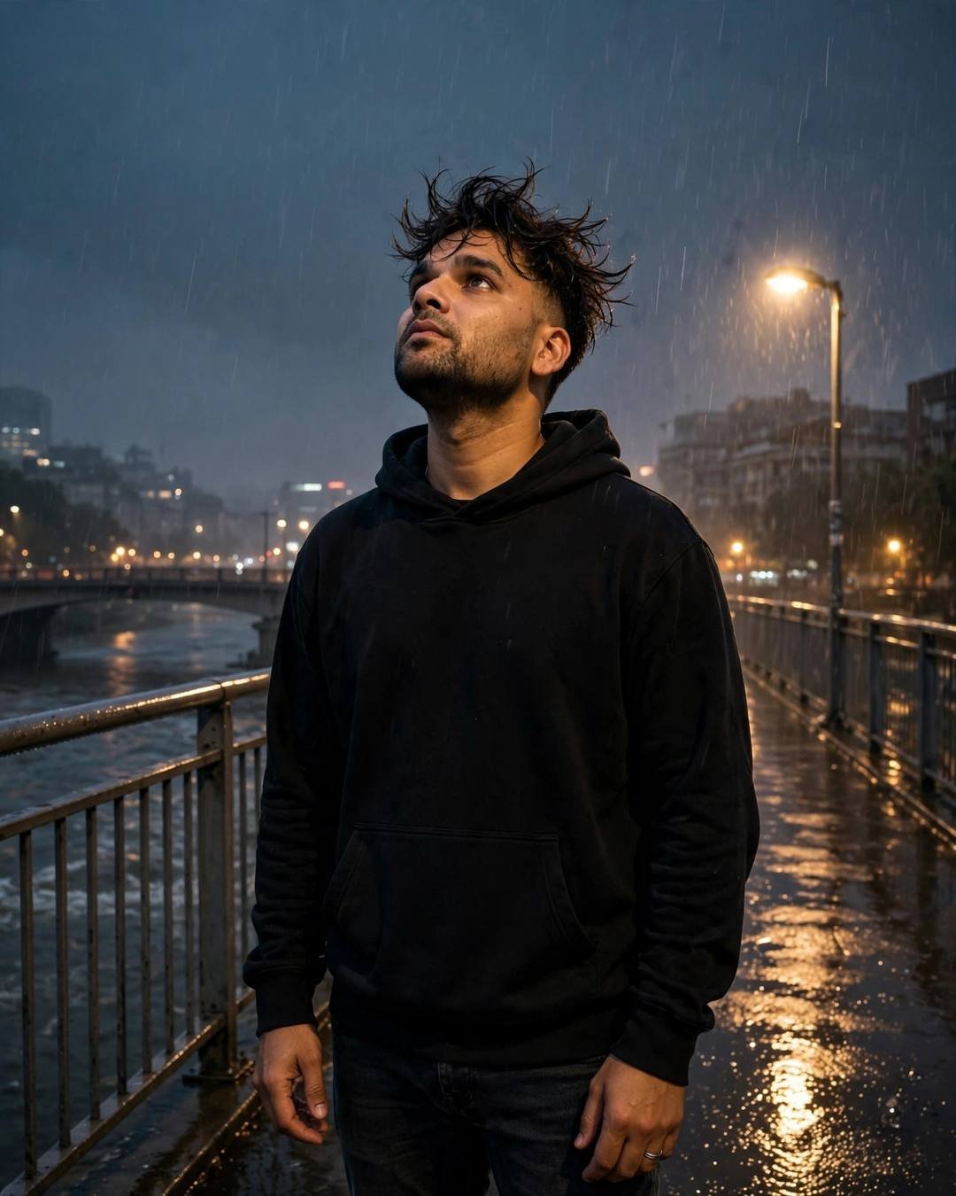 Young Indian man in black hoodie standing on a rainy bridge at midnight, face lifted to the sky, streetlamp glowing through rain