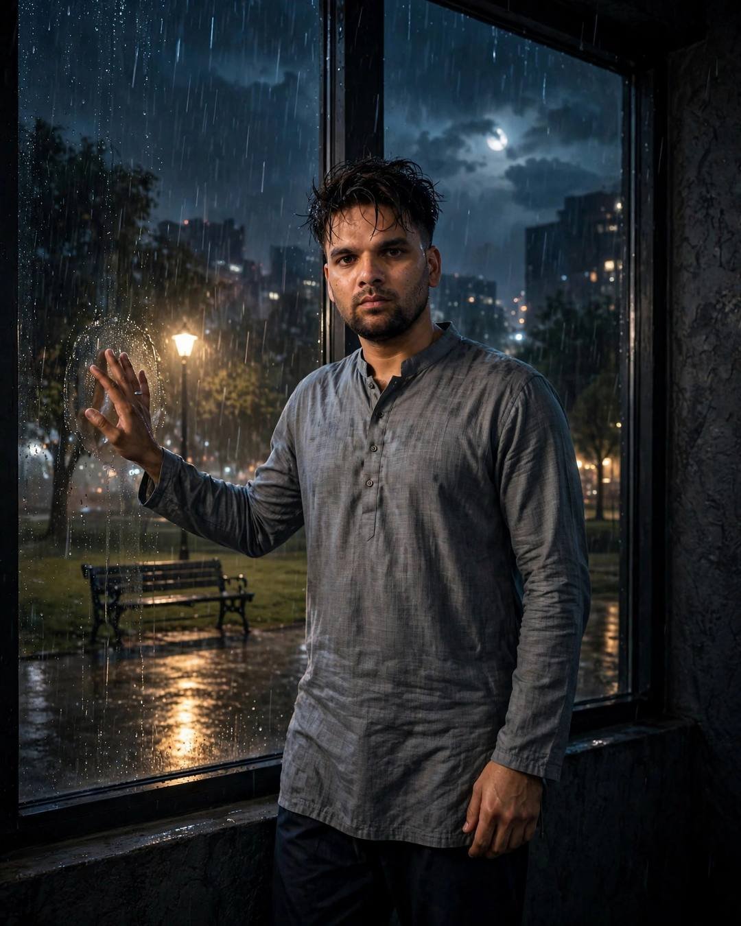 Young Indian man in grey kurta standing at a rain-streaked window at night, hand on glass, moonlit storm over a park bench outside