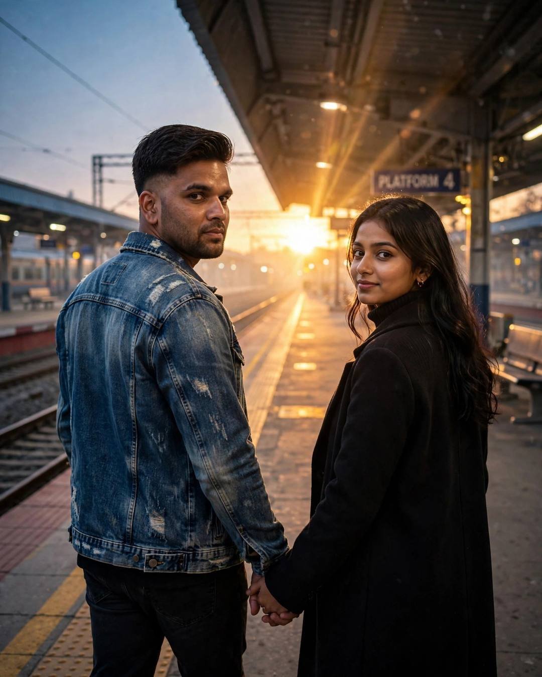 Young couple walking hand in hand on a golden railway platform at sunset, turning back to camera