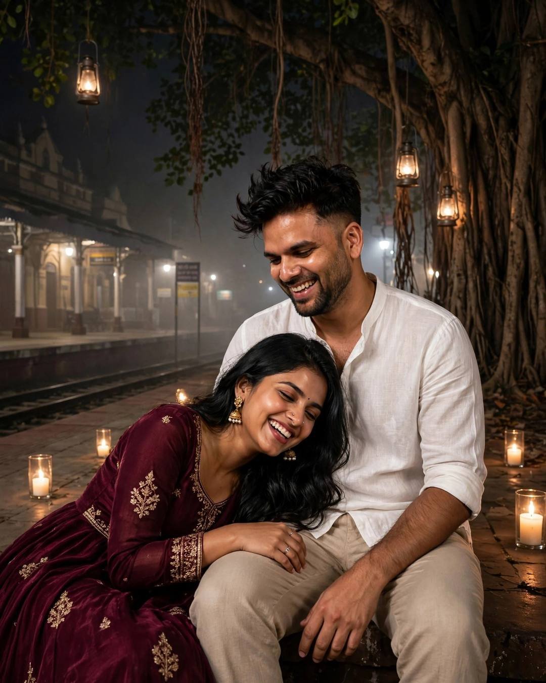 Young Indian couple laughing under a lantern-lit banyan tree at night — white linen shirt, maroon anarkali with jhumkas