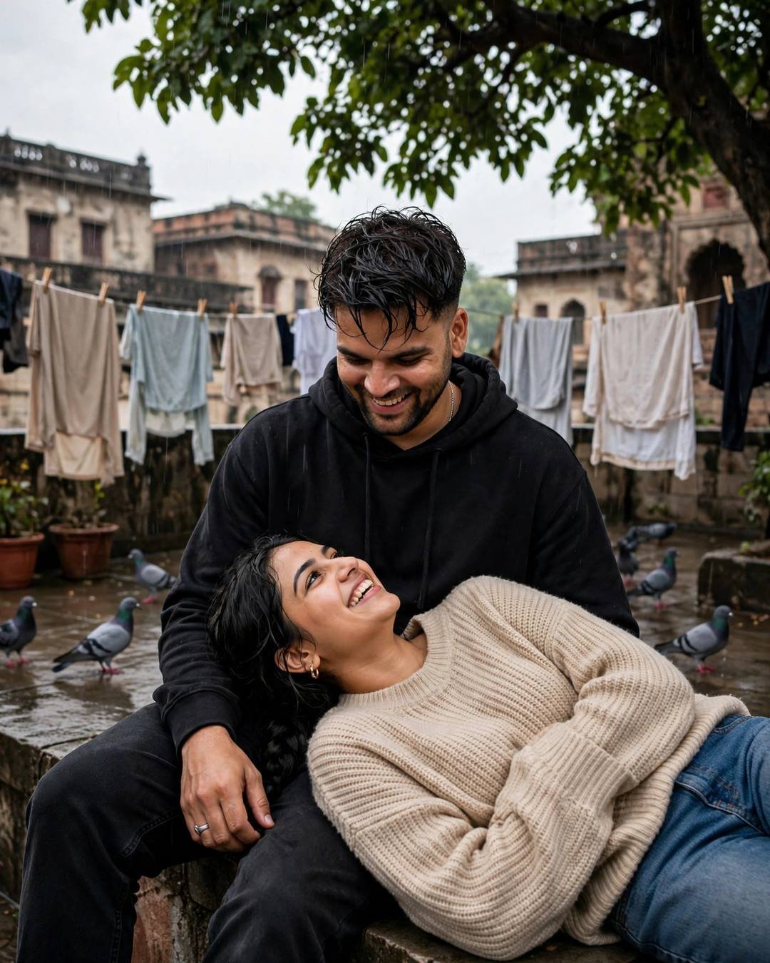 Young Indian couple laughing on a rainy terrace — woman in beige sweater with head in man's lap, black hoodie, pigeons around