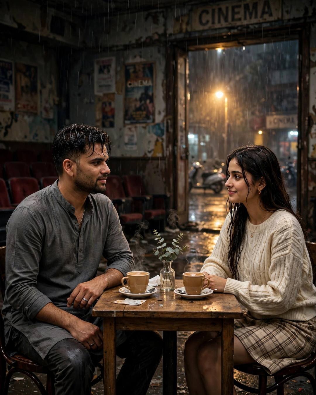 Young couple sitting across a small table with two cups of chai in an abandoned cinema hall at midnight, sharing a glance, rain outside