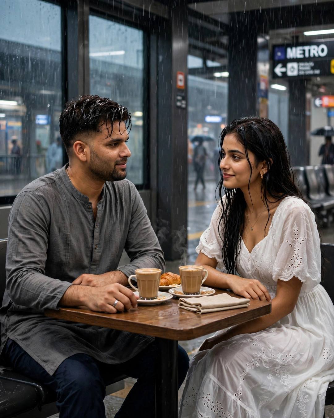 Young couple sharing a stunned smiling glance across a small cafe table at a metro station, coffees steaming, rain on the glass
