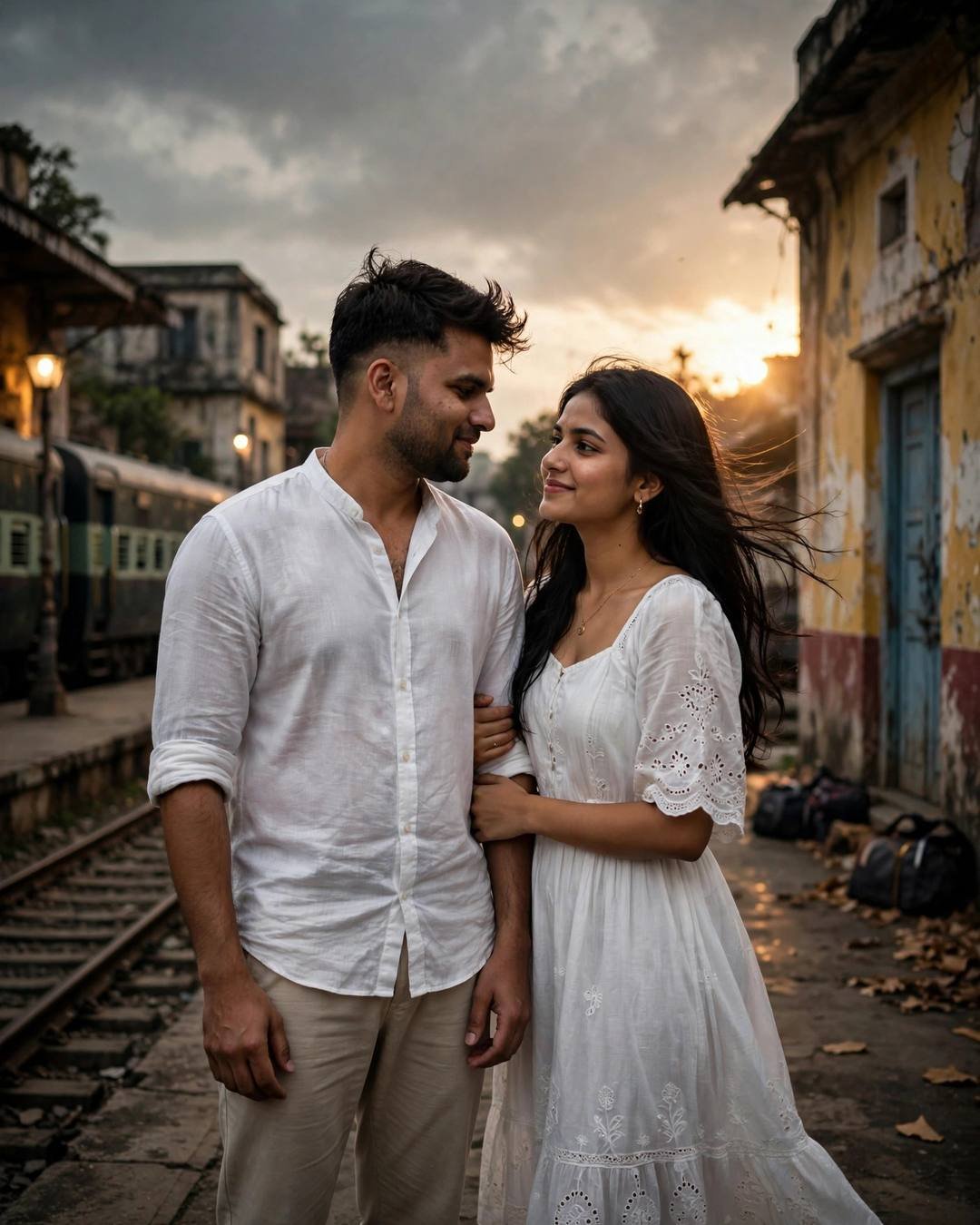 Young couple standing close on a railway platform at golden hour, her hand on his arm, gazing at each other, train behind
