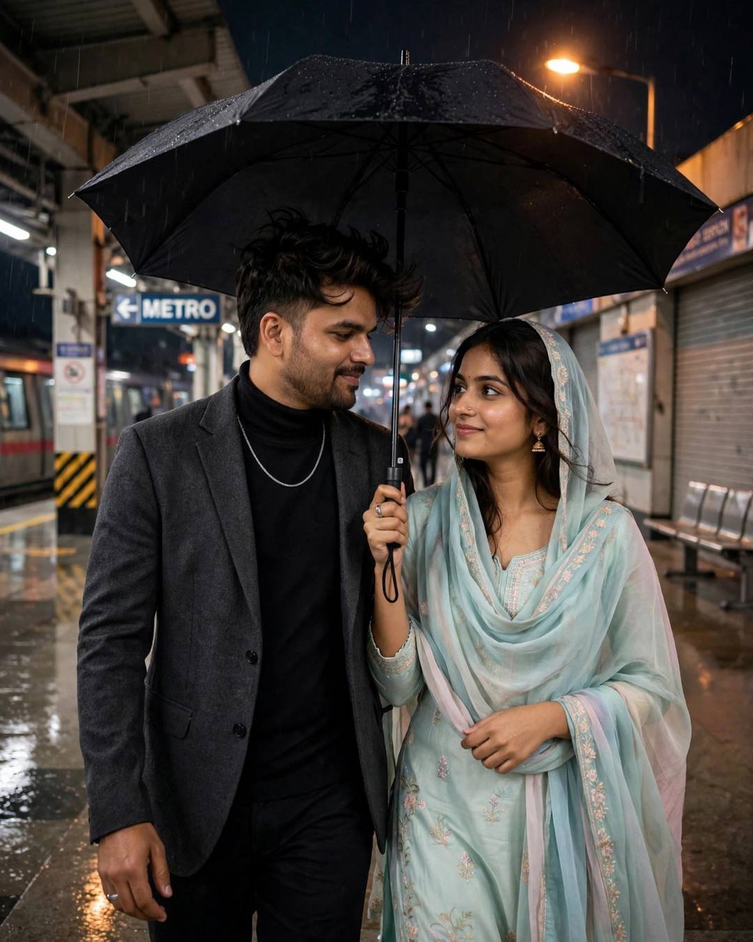 Young couple walking under one black umbrella at a rainy metro station at night, shoulders touching, sharing a glance