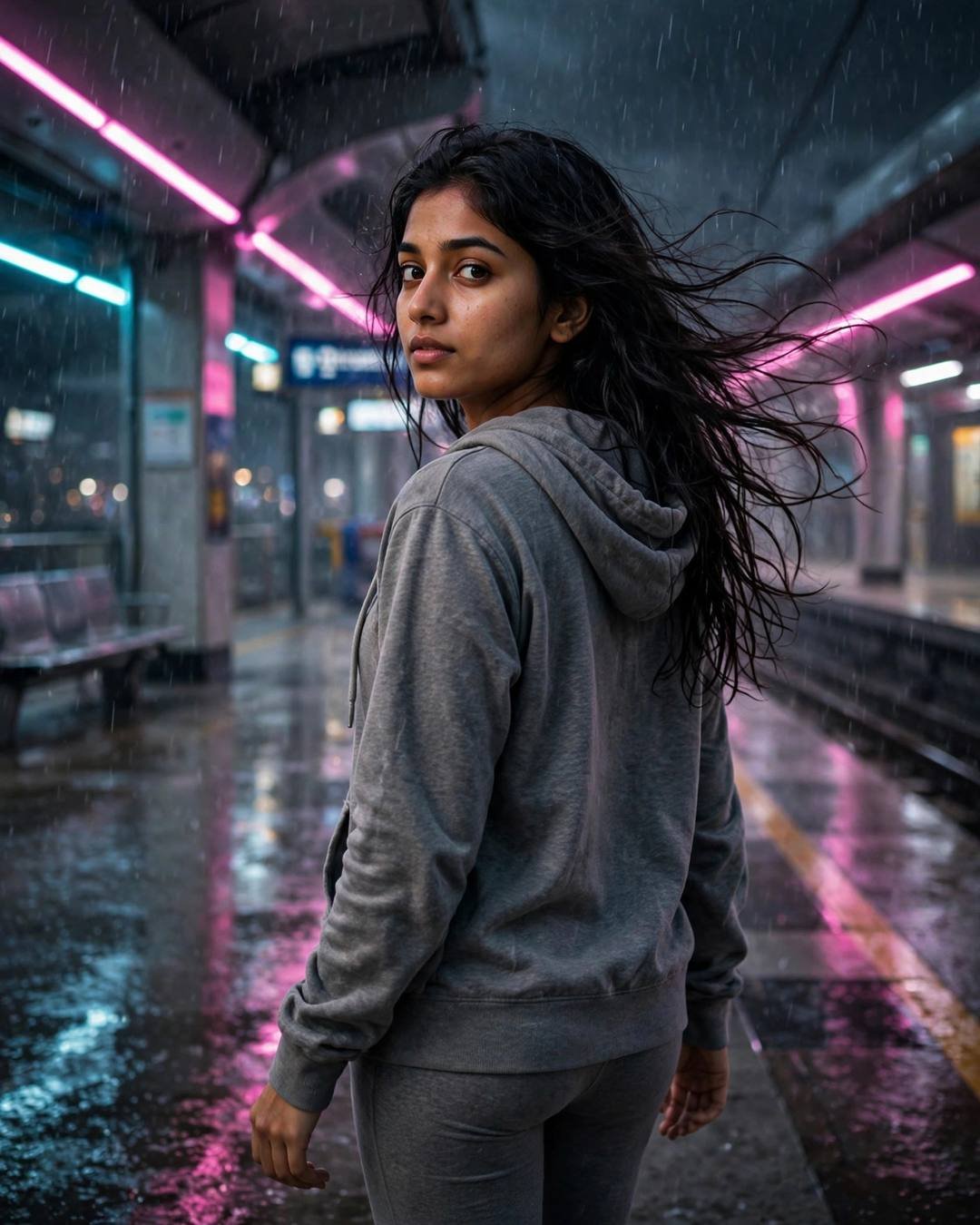 Young woman in grey hoodie on a rain-soaked neon-lit metro platform, looking back over her shoulder, hair in the wind