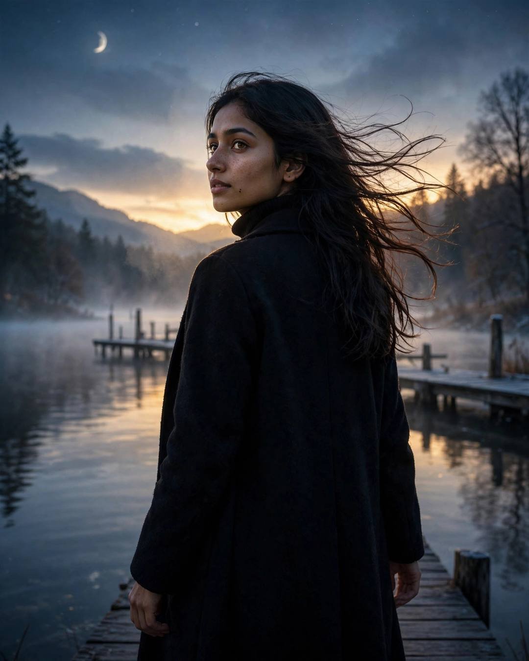 Young woman in black coat on a wooden pier over a misty lake at dawn, looking back over her shoulder, crescent moon and sunrise