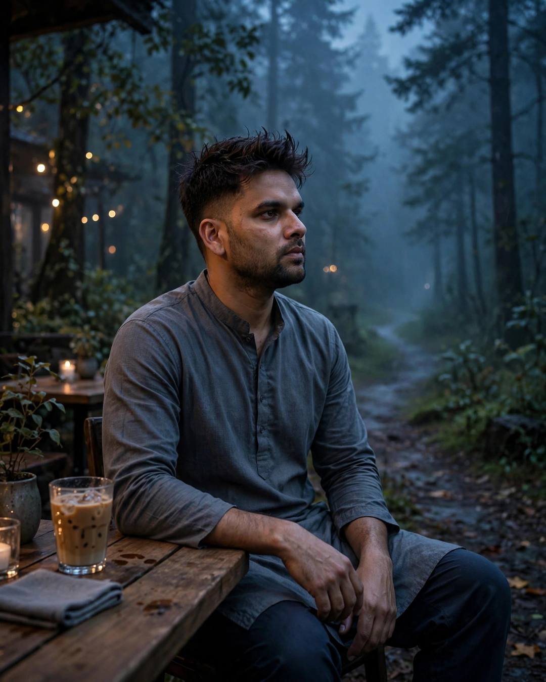 Young Indian man in a grey kurta sitting at a cafe table in a misty forest at blue hour, gazing into the distance