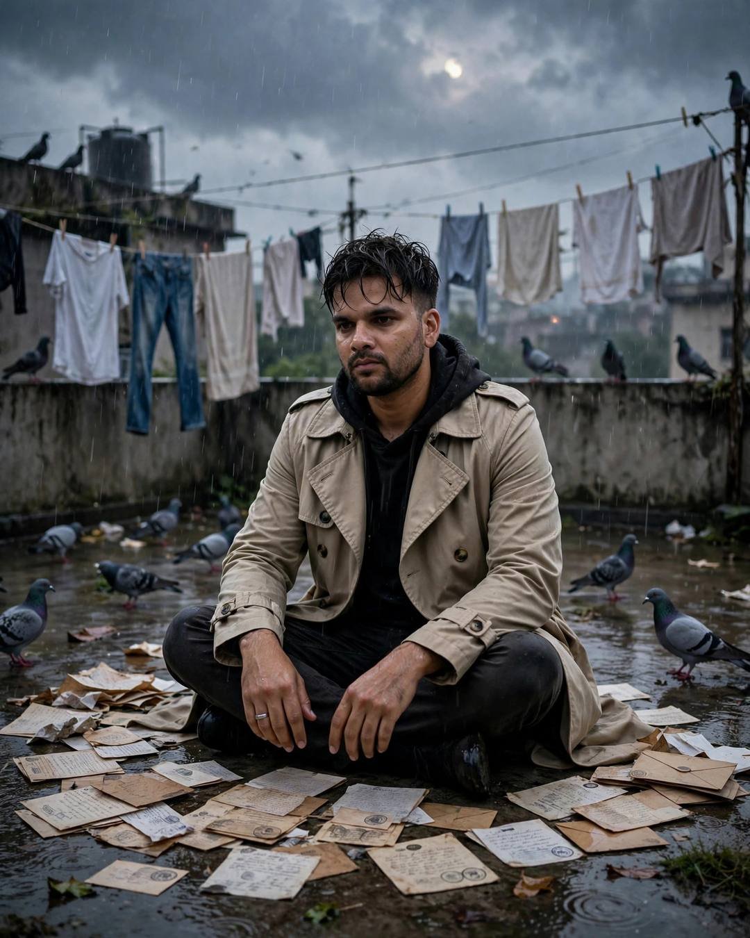 Young Indian man in a beige trench coat sitting cross-legged on a wet terrace surrounded by old letters, with pigeons and laundry lines in the rain