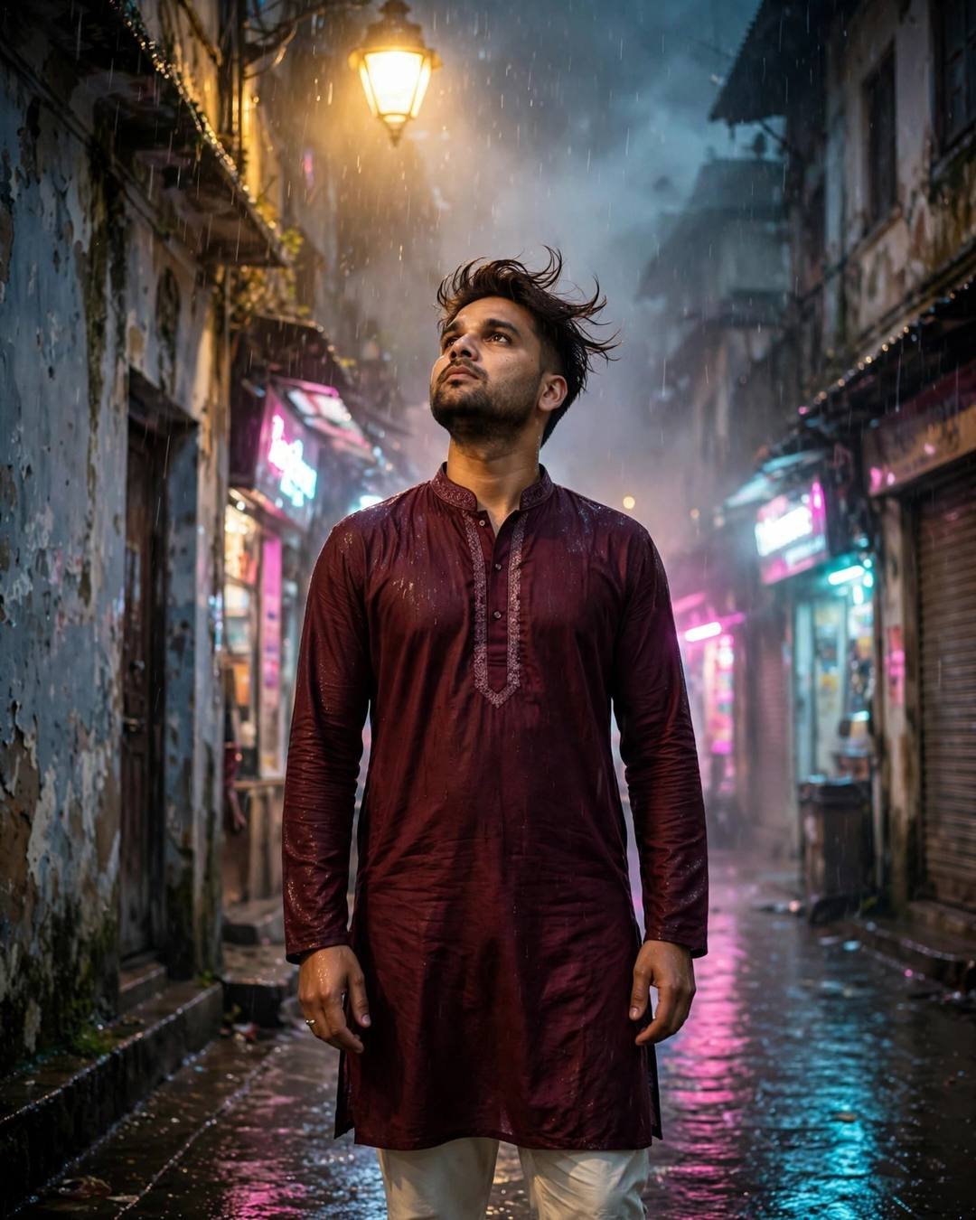 Young Indian man in a maroon kurta standing in the rain under a streetlamp in an old city lane, face lifted to the sky, neon signs glowing in fog