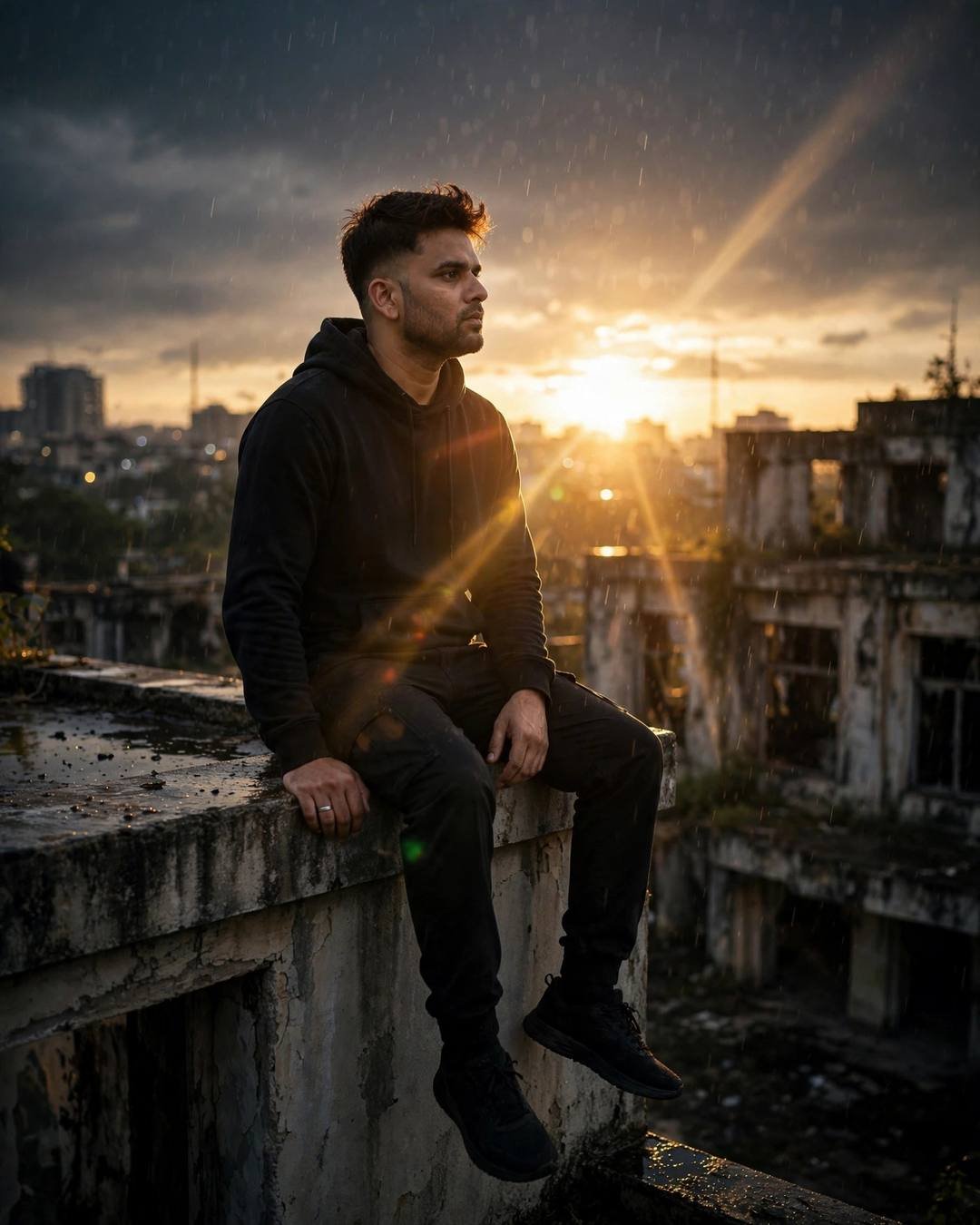 Young Indian man in all-black streetwear sitting on a rooftop ledge in light rain at midnight, legs dangling, golden-hour backlight and lens flare