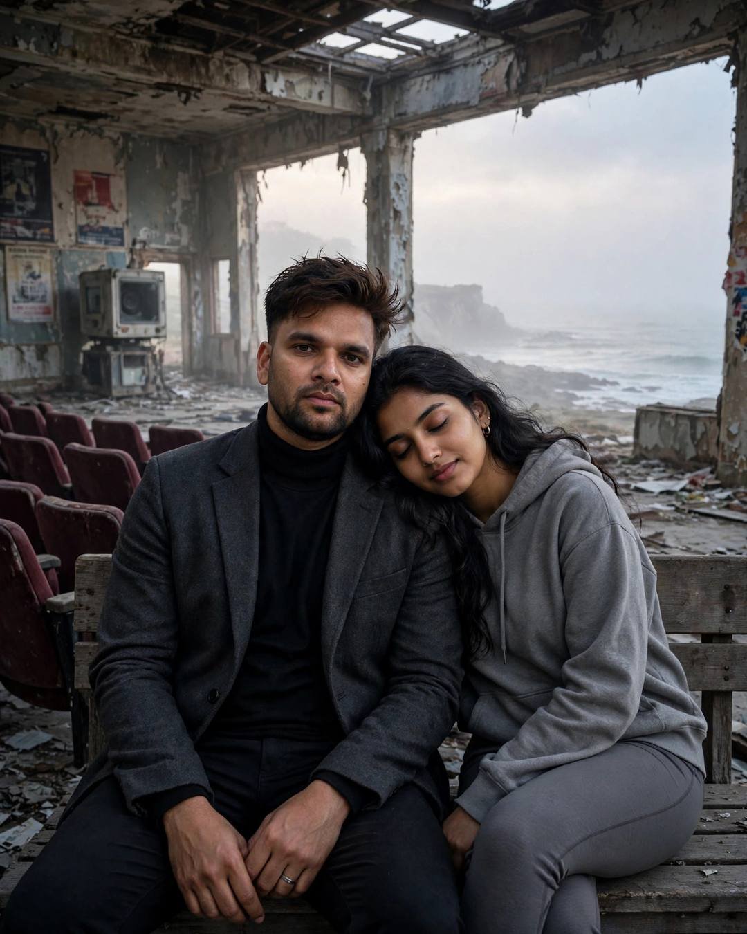 Young couple seated close on a bench in an abandoned seaside cinema, her head resting on his shoulder, ocean visible through the ruined wall, fog, cinematic portrait