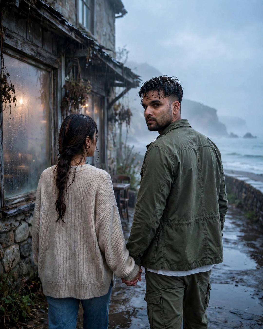 Young couple walking hand in hand away from the camera past an old seaside cafe at dawn, him glancing back over his shoulder, overcast blue-hour glow, cinematic portrait