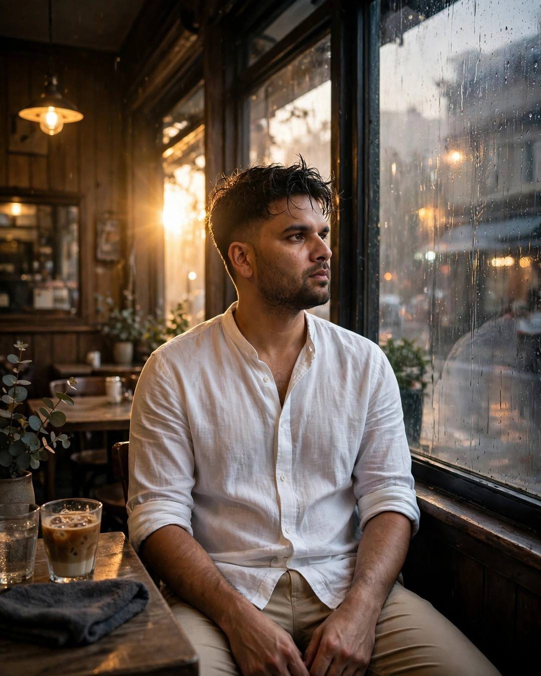 Young man in a white linen shirt seated at a cafe table with cold coffee by a fogged window, light rain outside, golden-hour backlight with lens flare, cinematic portrait
