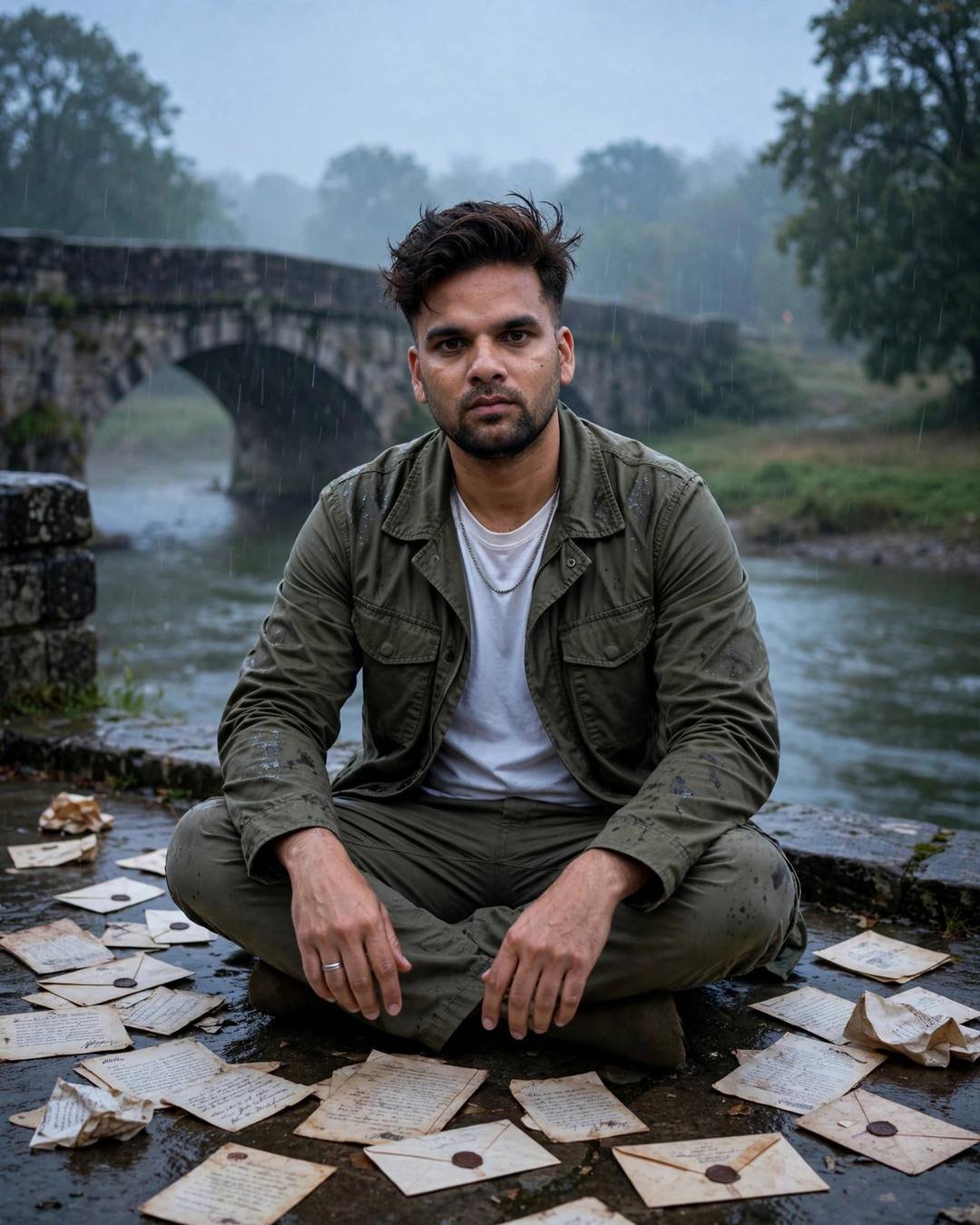 Young man in an olive field jacket sitting cross-legged among old letters on a stone embankment by a bridge over a slow river, drizzle, blue hour, cinematic portrait