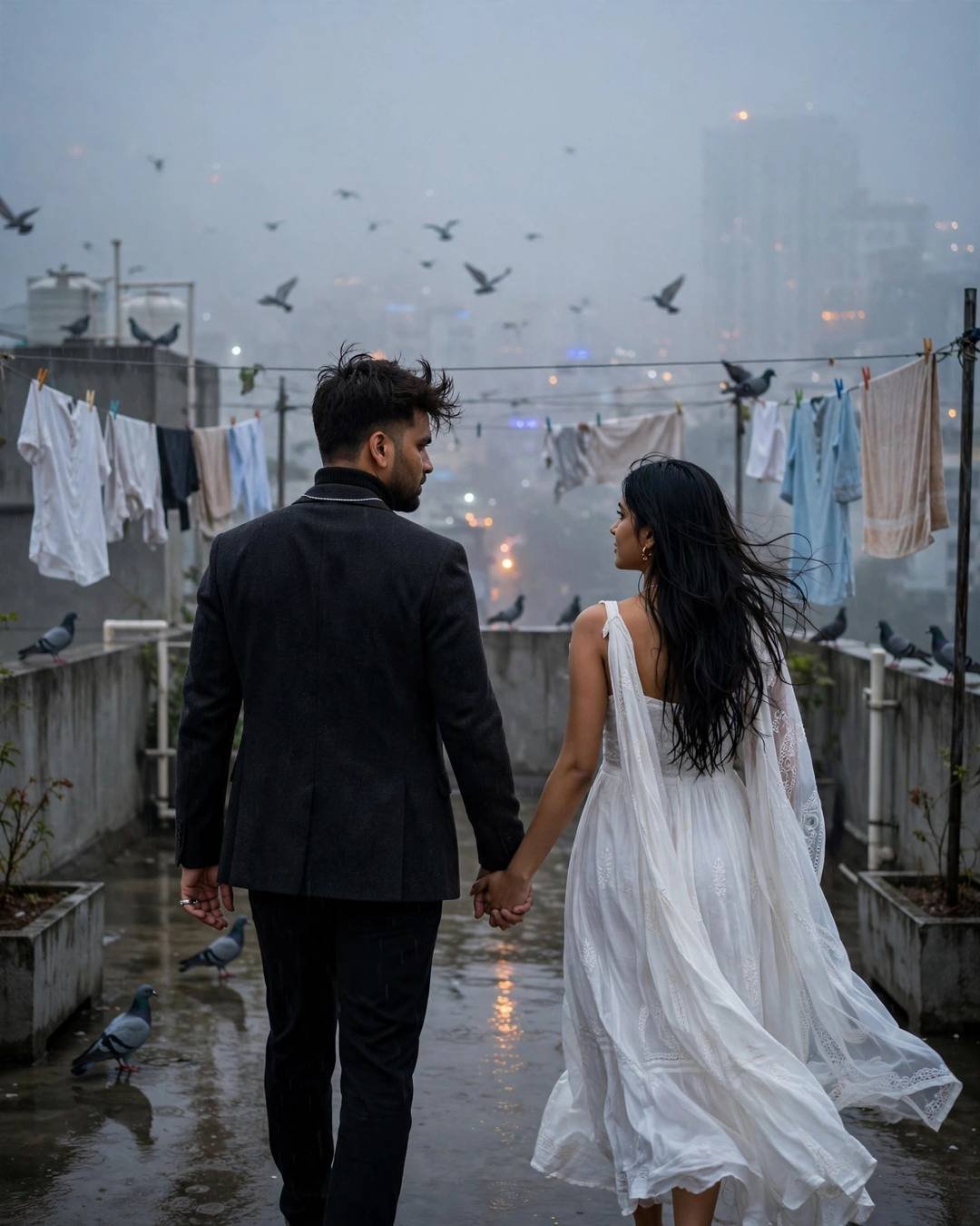 Couple walking away hand in hand across a foggy rain-wet terrace with clothes lines and pigeons, man in charcoal blazer, woman in white summer dress