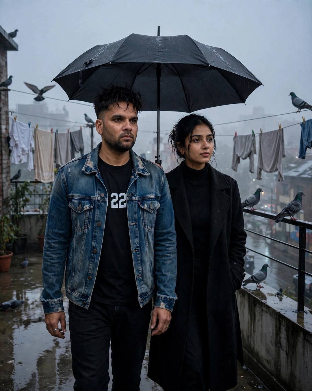 Young Indian couple sharing an umbrella on a rain-wet terrace with clothes lines and pigeons, man in distressed denim jacket, woman in black turtleneck and long coat