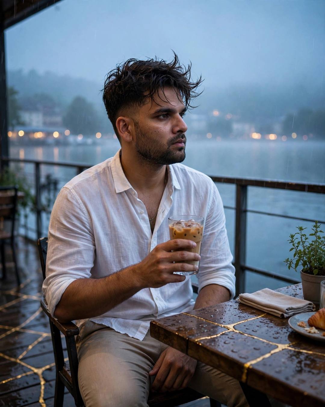 Young Indian man in white linen shirt sitting at a lakeside cafe table holding an iced coffee, gold kintsugi cracks in the table