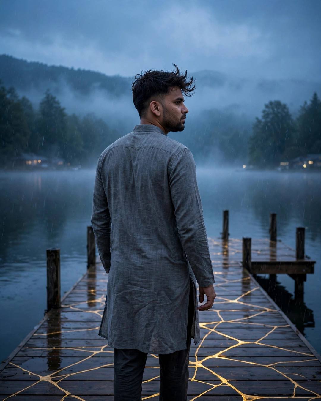 Young Indian man in grey kurta walking away on a misty lake pier at dawn, gold kintsugi cracks glowing in the wooden planks