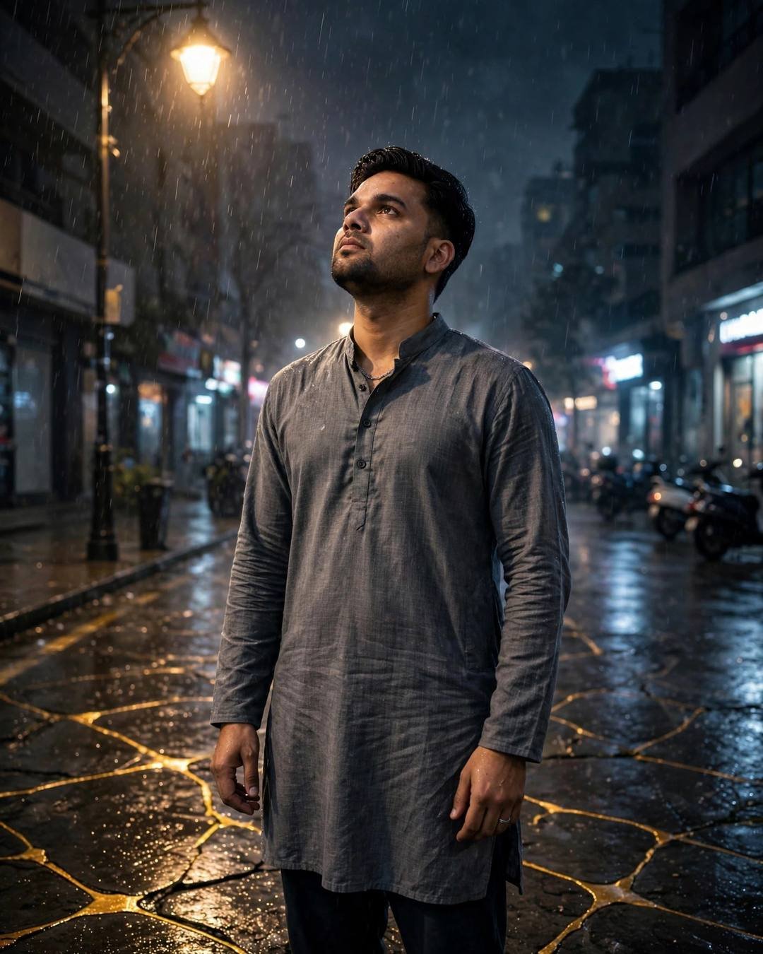 Young Indian man in grey kurta standing under a streetlamp in the rain with face lifted to the sky, gold kintsugi cracks in the wet street
