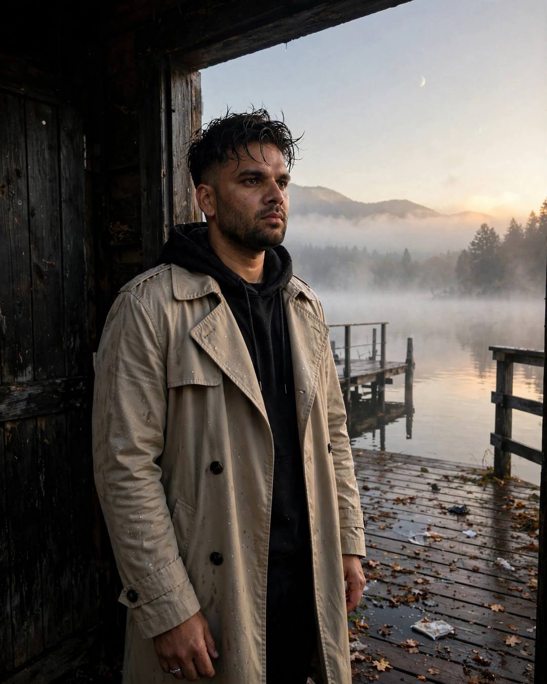 Young Indian man in beige trench coat standing in a dark doorway at a foggy lake pier at dawn