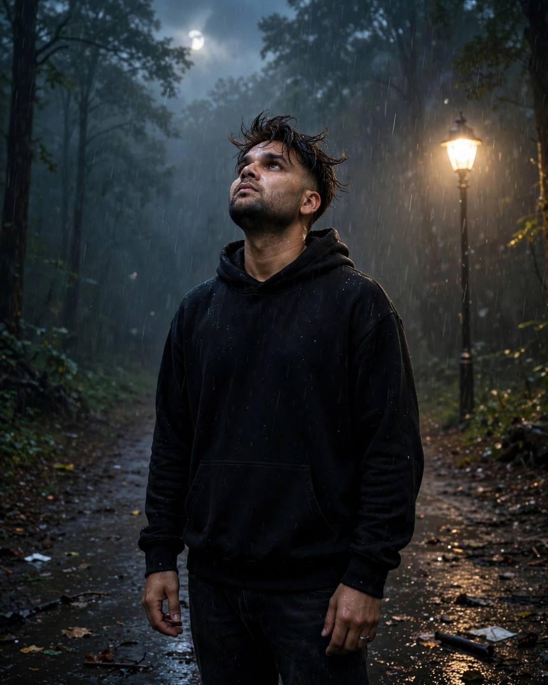 Young Indian man in black hoodie standing under a streetlamp on a misty forest path at midnight, face lifted to the rain