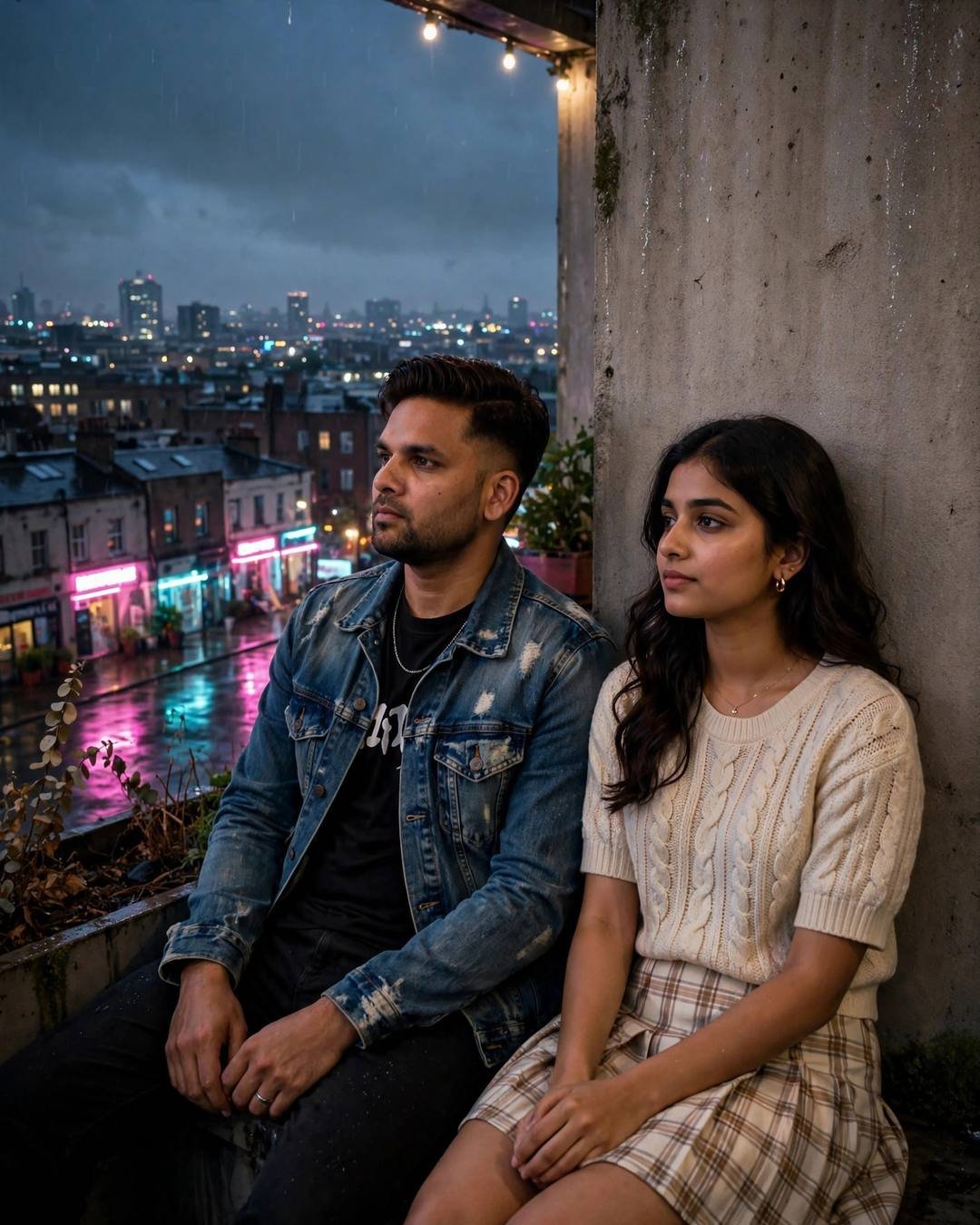 Young couple seated side by side on a rooftop overlooking sleeping city lights, neon pink and cyan spill, post-rain night, cinematic portrait
