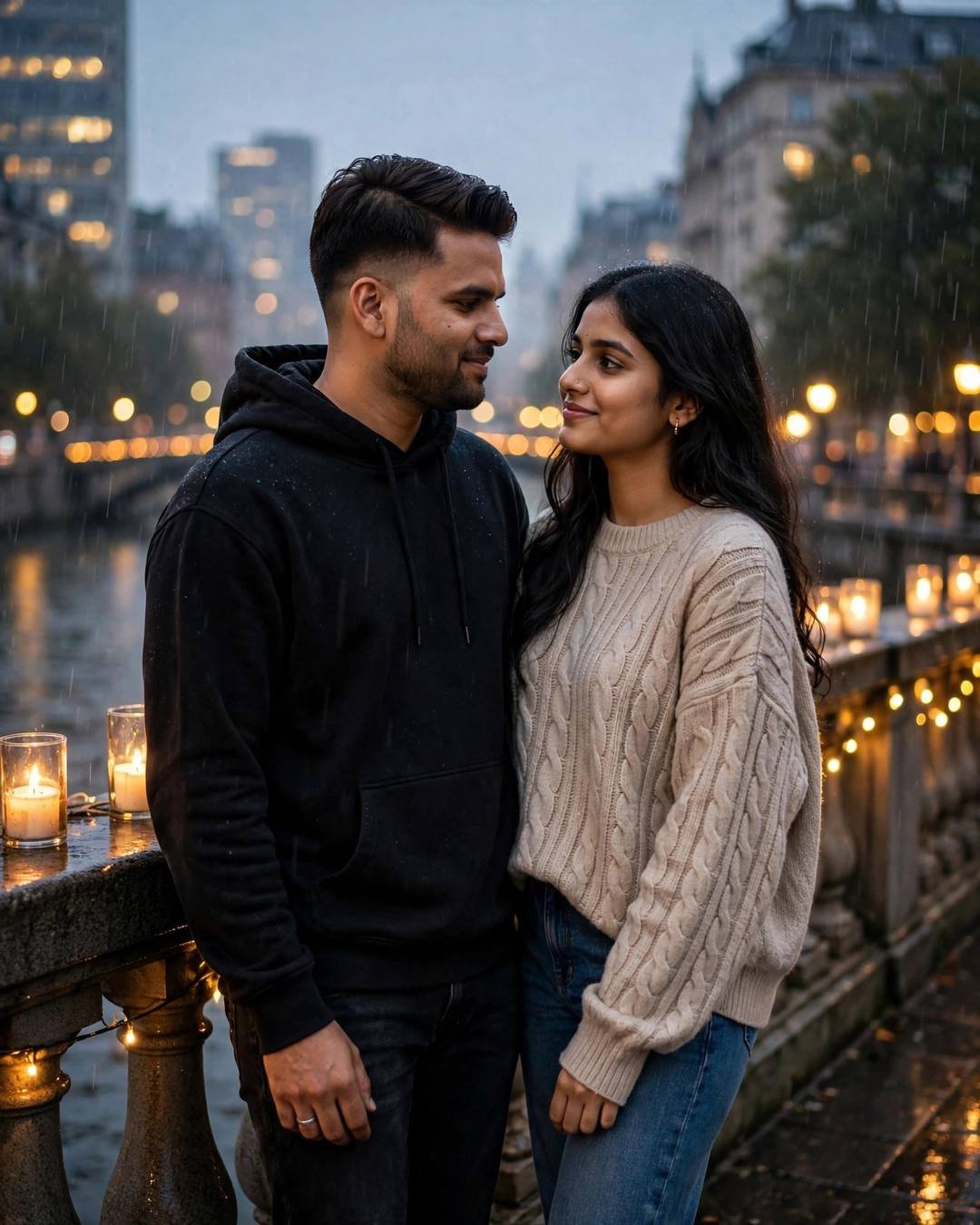 Young couple standing close on a candle-lined bridge over a slow river in light rain, golden hour, city lights blurred behind, cinematic portrait