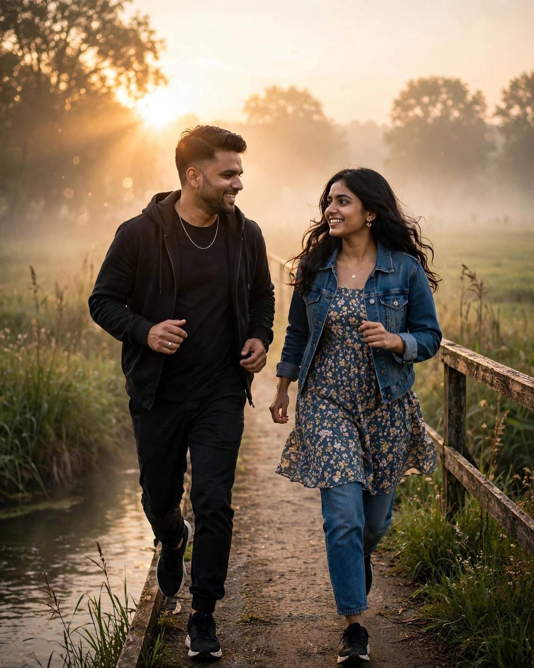 Young couple running toward each other laughing on a foggy riverside path, golden-hour backlight with lens flare, all-black streetwear and denim jacket over floral dress, cinematic portrait