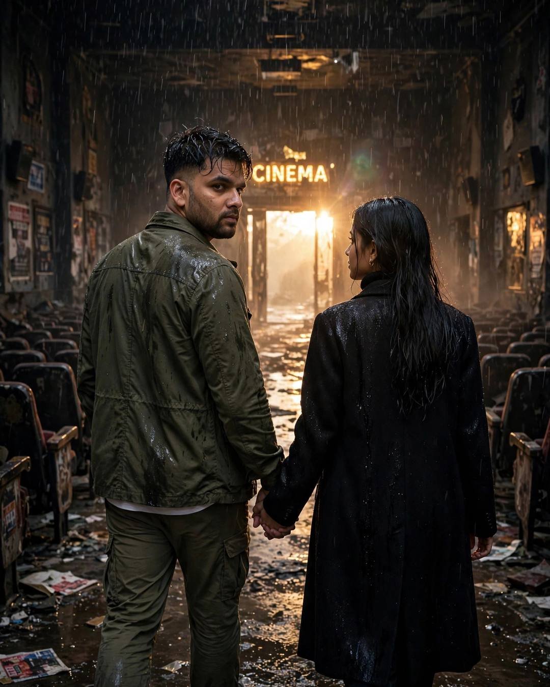 Young couple walking hand in hand into an abandoned cinema toward a glowing CINEMA sign, rain falling through the ruined roof, midnight, cinematic portrait