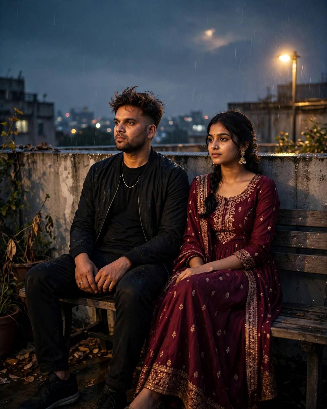 Couple sitting side by side on a rooftop bench in drizzle at golden hour with backs against the wall, man in all-black streetwear, woman in maroon anarkali with jhumkas, city below