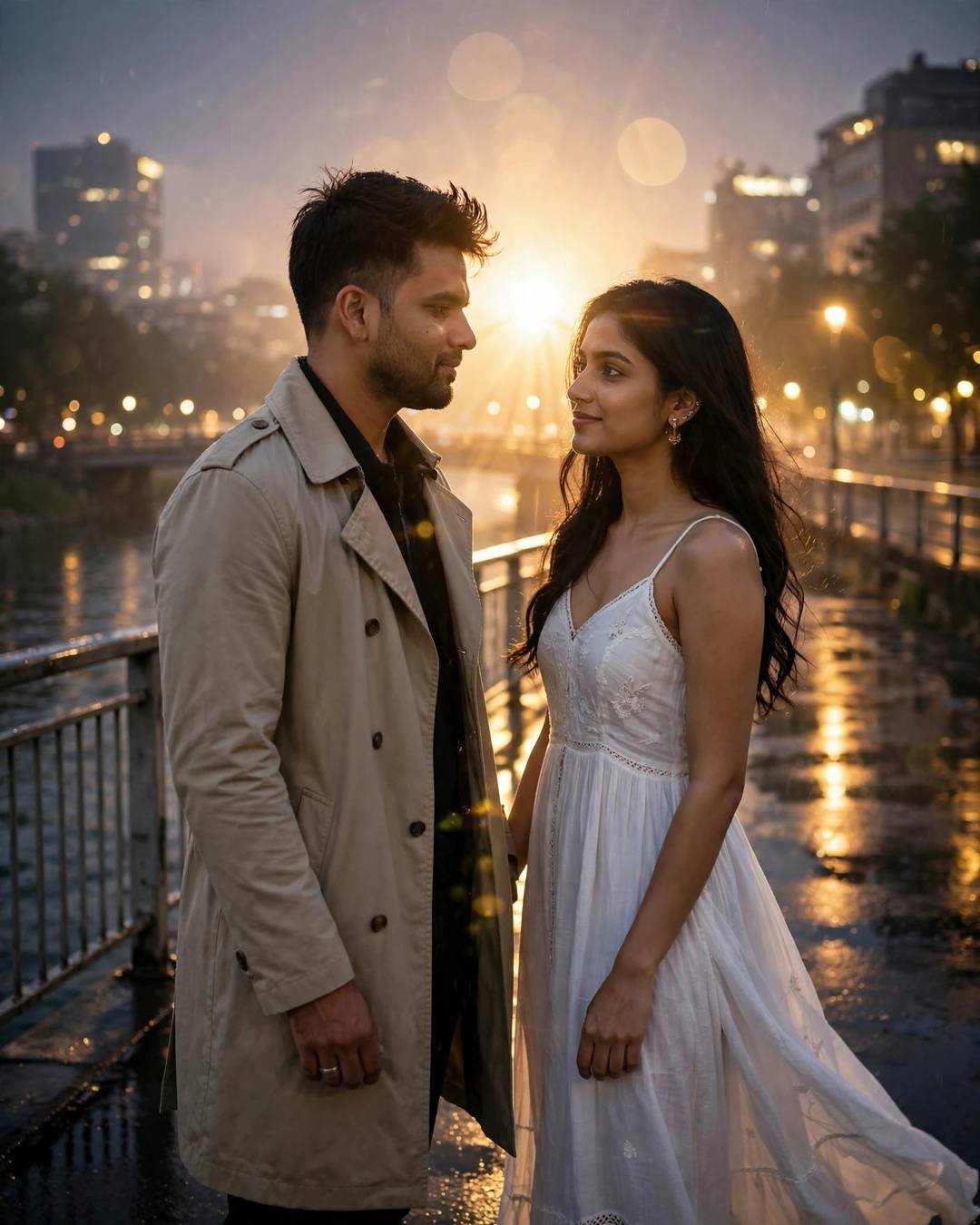 Couple standing face to face on a riverside promenade at golden hour after rain, man in beige trench coat, woman in flowing white summer dress, sun flaring between them