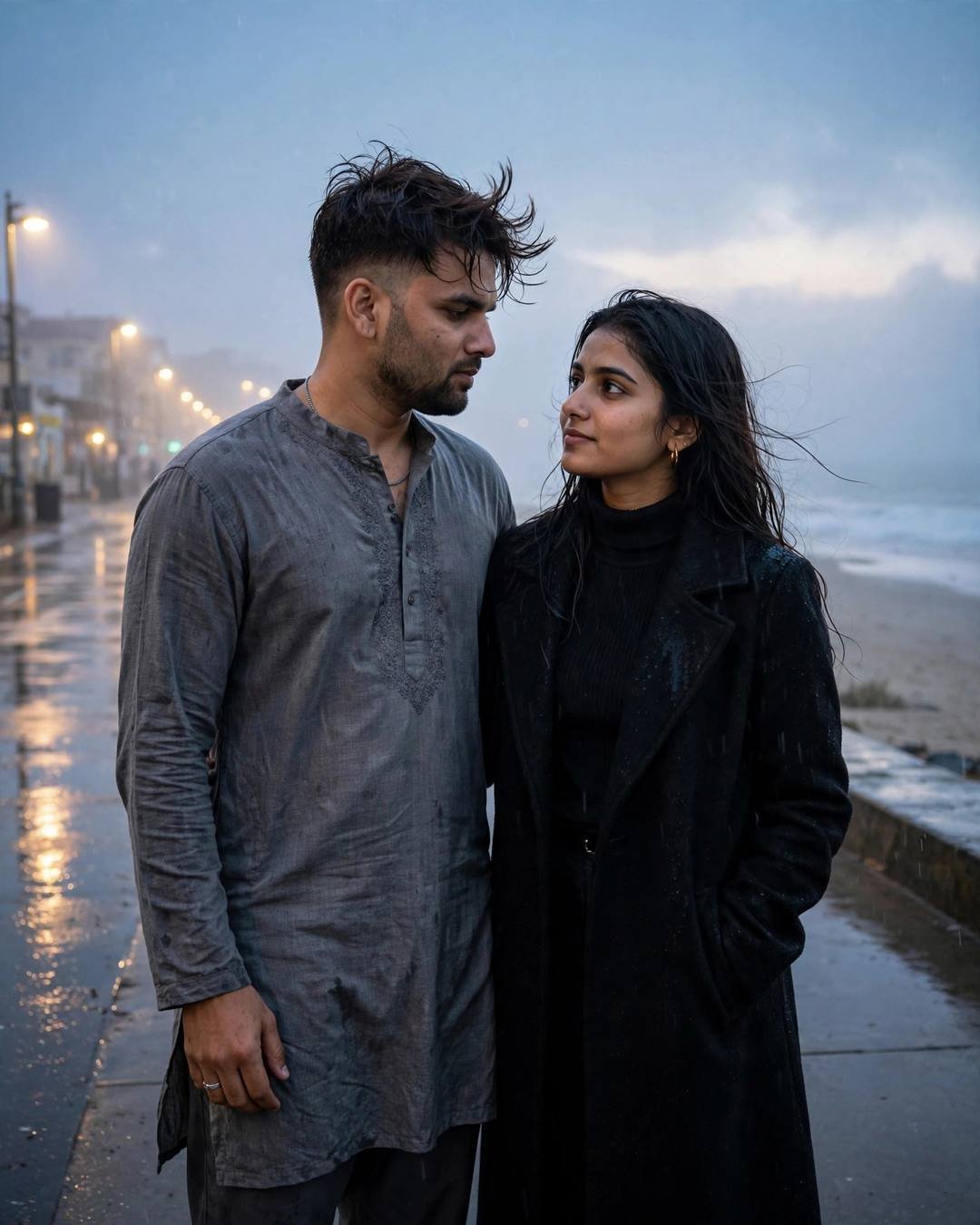 Couple standing face to face looking at each other on a deserted beach promenade at dusk in drizzle, man in grey kurta, woman in black turtleneck and long coat, streetlights glowing