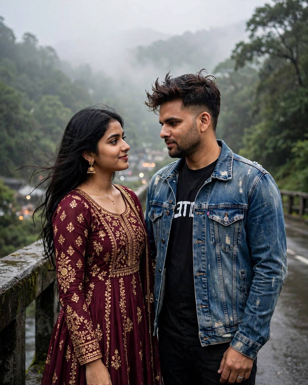 Couple standing face to face looking at each other on a bridge over a misty forest path at dawn, man in distressed denim jacket, woman in maroon anarkali with jhumkas