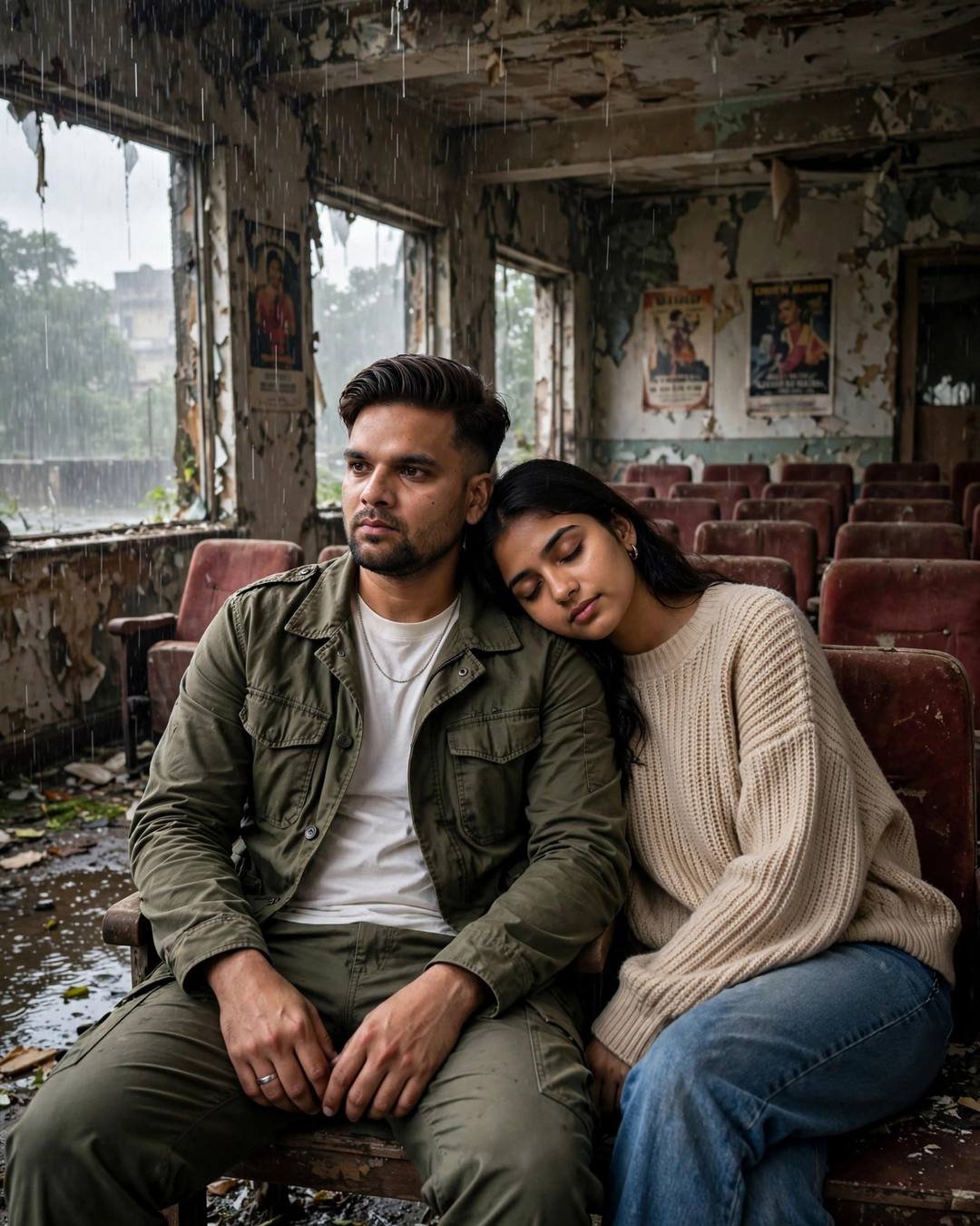 Couple sitting close in the front row of an abandoned cinema hall in heavy monsoon rain, her head on his shoulder, man in olive field jacket, woman in oversized beige sweater
