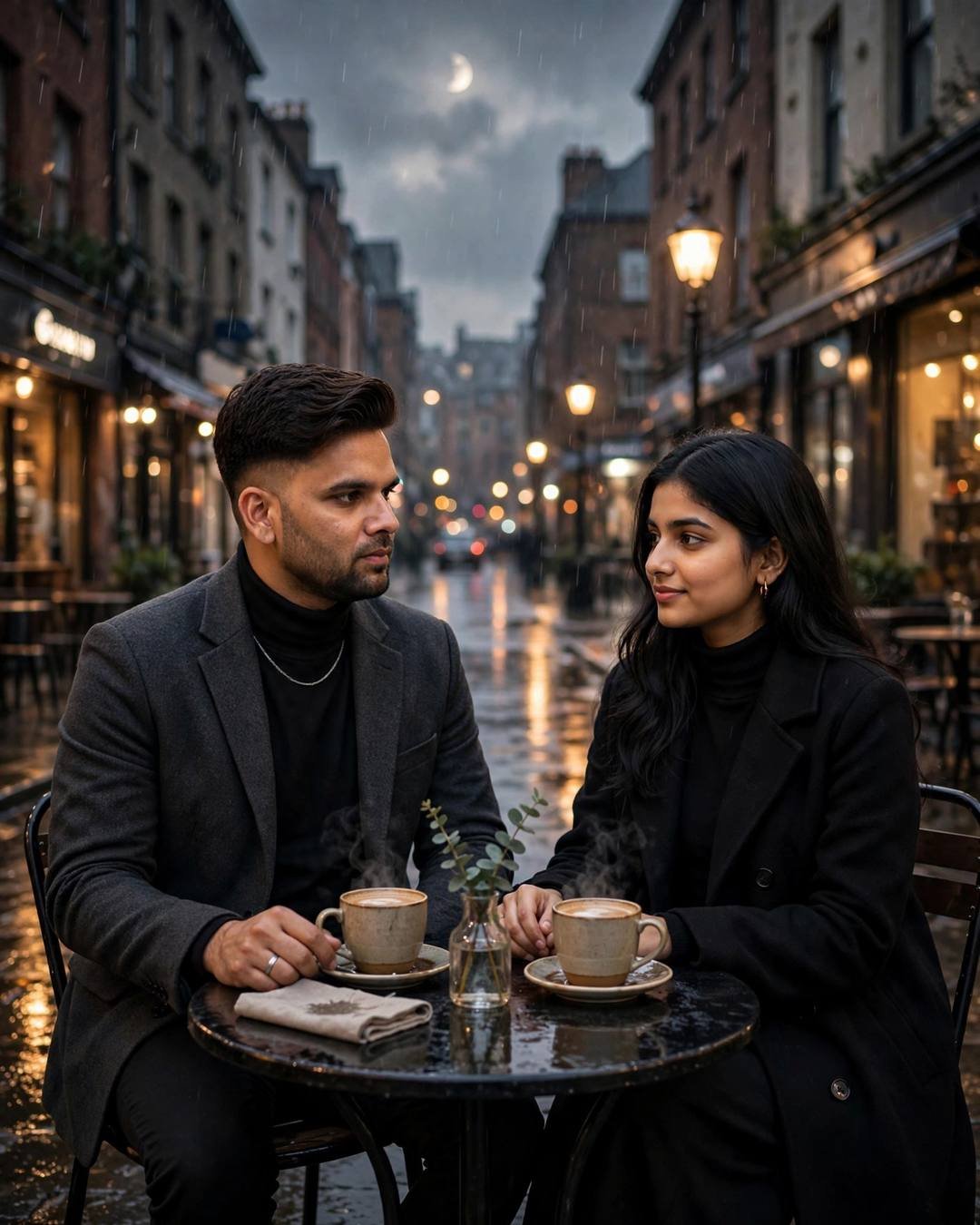 Couple sitting across a small round cafe table on a rain-soaked city street at dusk, two steaming cups between them, man in charcoal blazer over black turtleneck, woman in black turtleneck and long coat