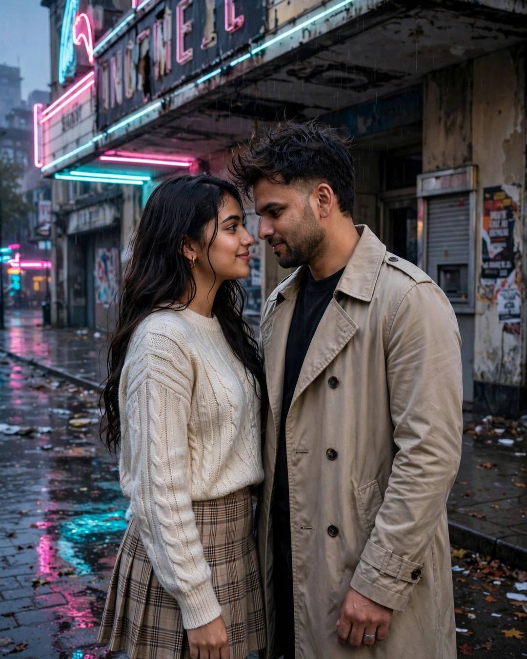 Couple standing face to face with foreheads almost touching outside an abandoned cinema hall at blue hour with neon pink and cyan signs, man in beige trench coat, woman in cream knit top and plaid skirt