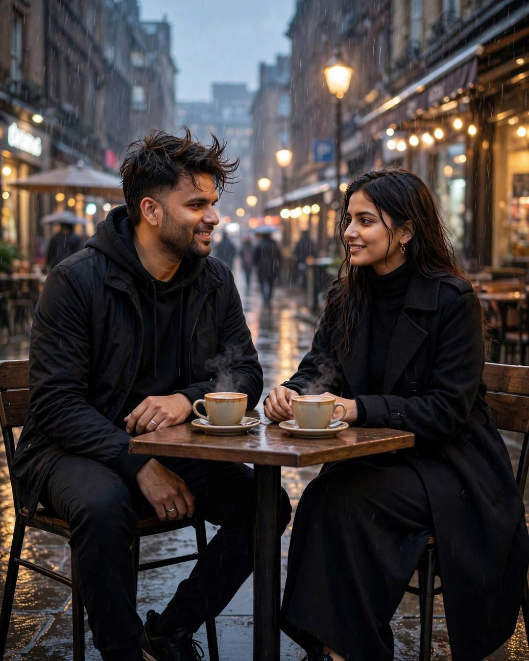 Couple sitting across a small cafe table on a rain-soaked city street, two steaming cups between them, man in all-black streetwear, woman in black turtleneck and long coat