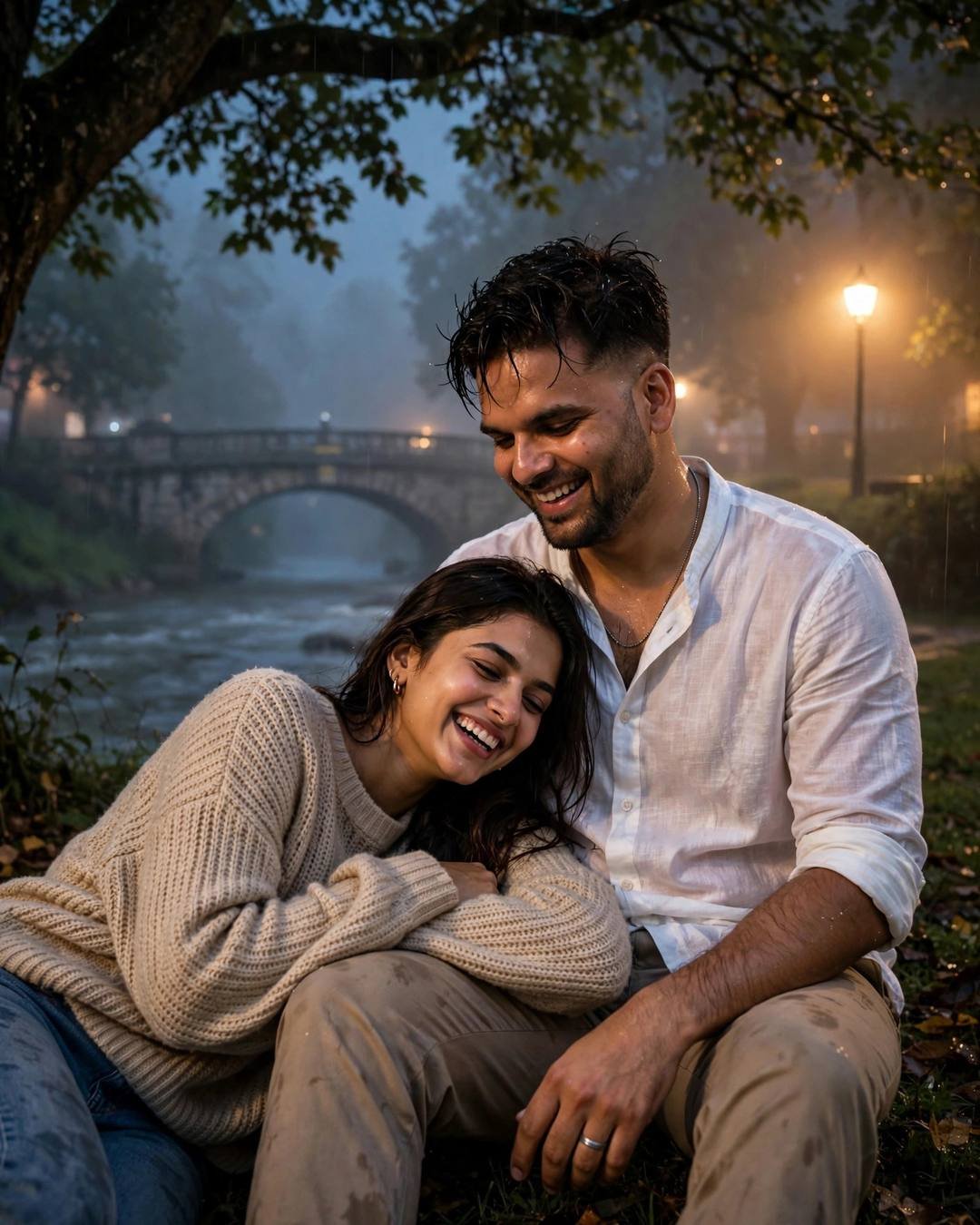 Couple laughing under a tree by a stone bridge over a river in dense fog, woman reclined with her head in his lap, man in white linen shirt, woman in oversized beige sweater