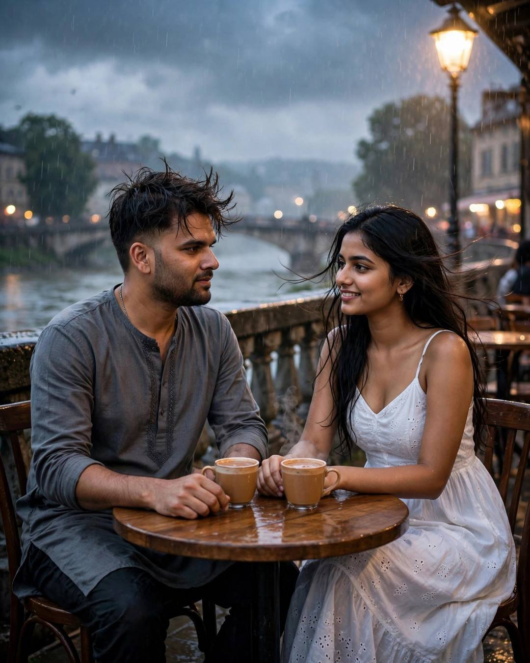 Couple at a riverside café table in the rain, hands almost touching over two cups of chai