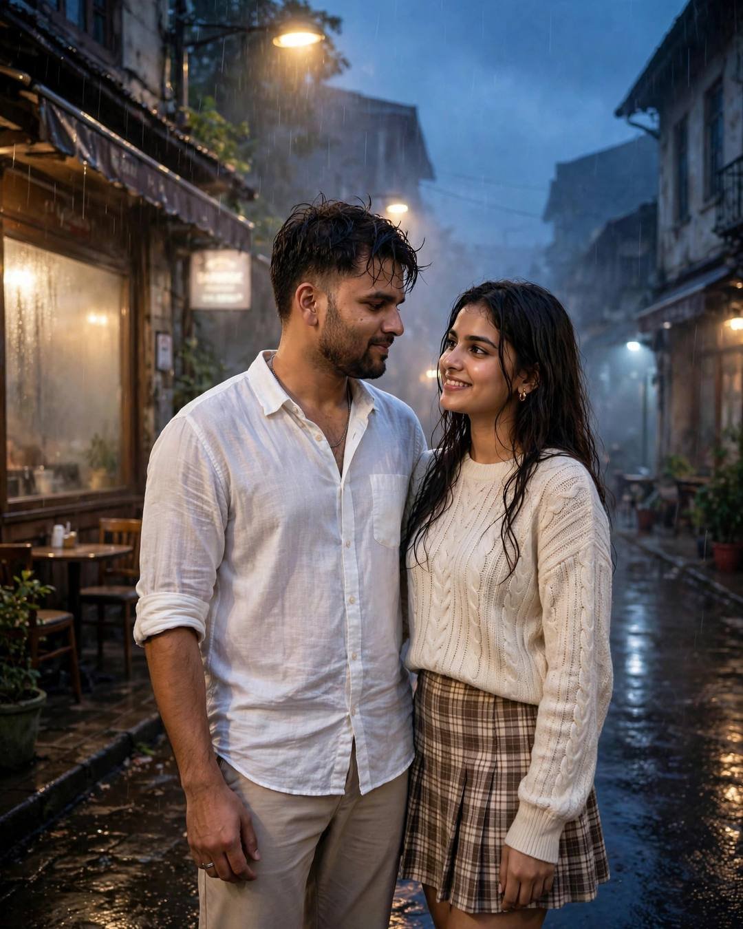 Couple standing close on a rainy empty street at blue hour beside a fogged café window
