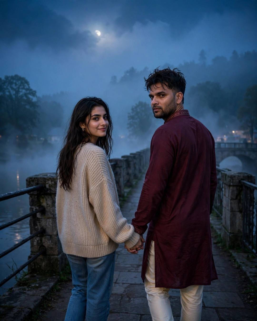 Couple walking hand in hand away across a foggy moonlit stone bridge, glancing back