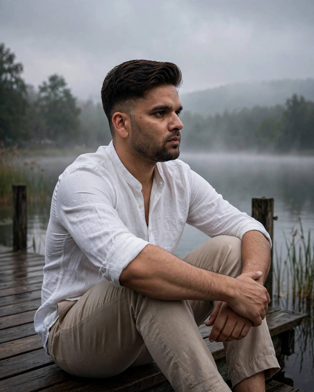 Young man in white linen shirt sitting with knees drawn up on a quiet wooden lake pier at dawn, mist over the water, overcast gloom, cinematic portrait