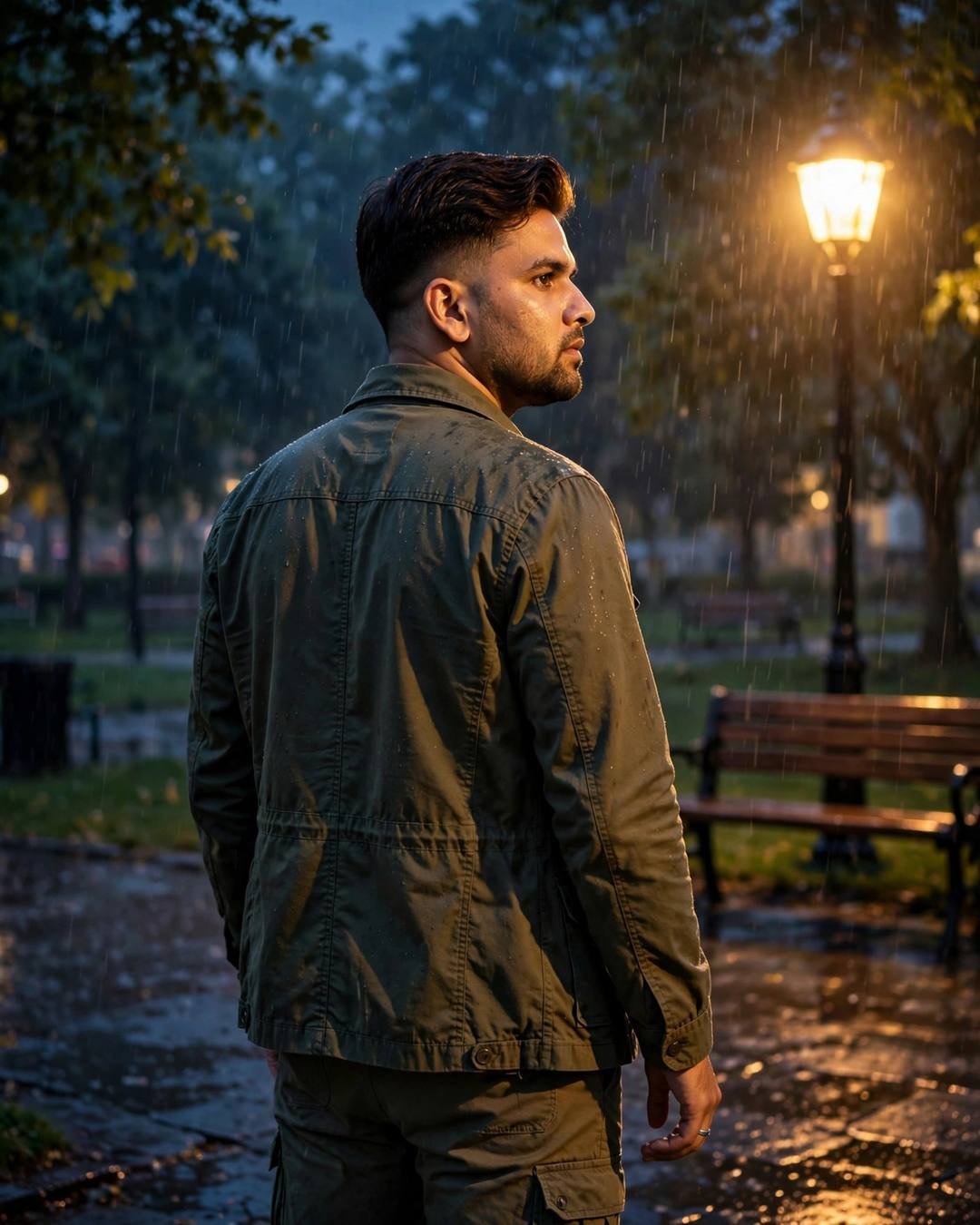 Young man in an olive field jacket glancing over his shoulder on a rainy park path beside a bench under a lone lamp, dramatic warm light, cinematic portrait