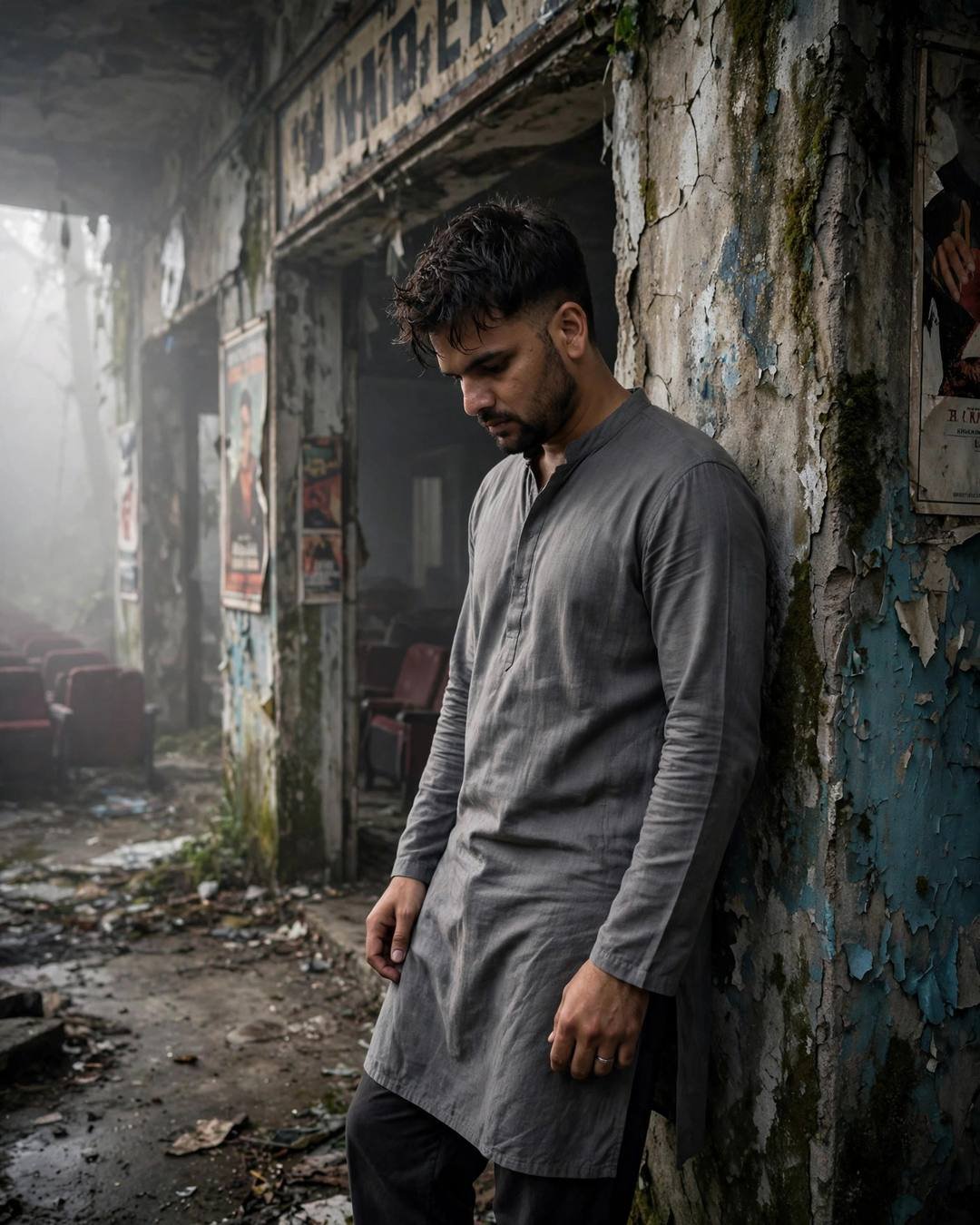 Young Indian man in a grey kurta leaning against a weathered wall in an abandoned cinema hall, head bowed, fog in the air