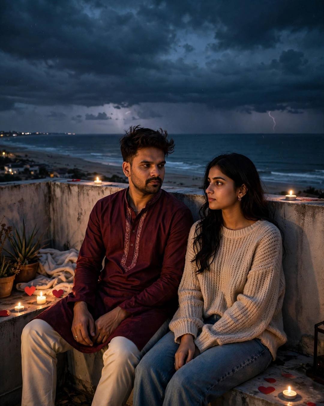 Indian couple — man in maroon kurta, woman in beige sweater and jeans — sitting together on a candlelit rooftop at dusk under storm clouds